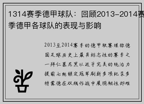 1314赛季德甲球队：回顾2013-2014赛季德甲各球队的表现与影响
