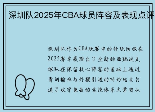 深圳队2025年CBA球员阵容及表现点评